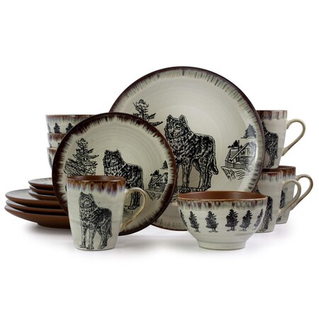 Fastfood Majestic Wolf Luxurious Stoneware Dinnerware with Complete Setting for 4 - 16 Piece FA1832538